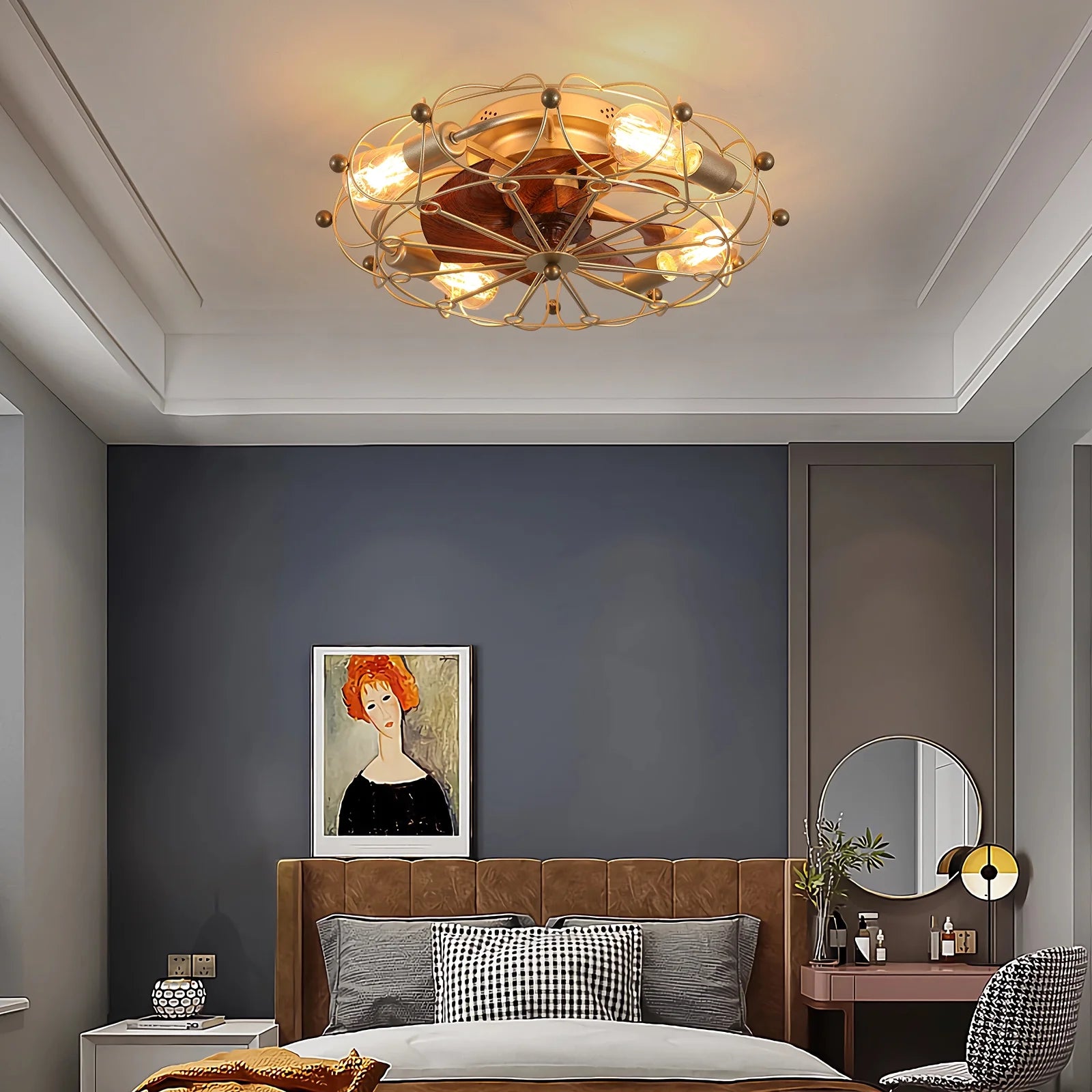 Industrial Cage Ceiling Fan - Low - Profile 7 - Blade Fan with Remote & Light - Modern Rustic Cooling for Small Spaces