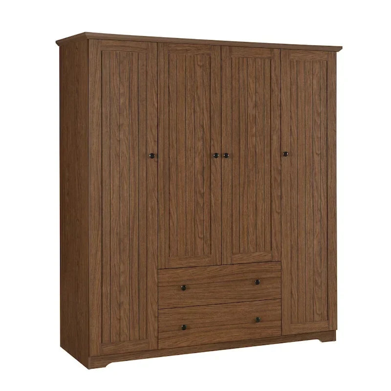 Freestanding 4 - Door Wardrobe Armoire with 2 Drawers and Hanging Rods for Clothes Storage