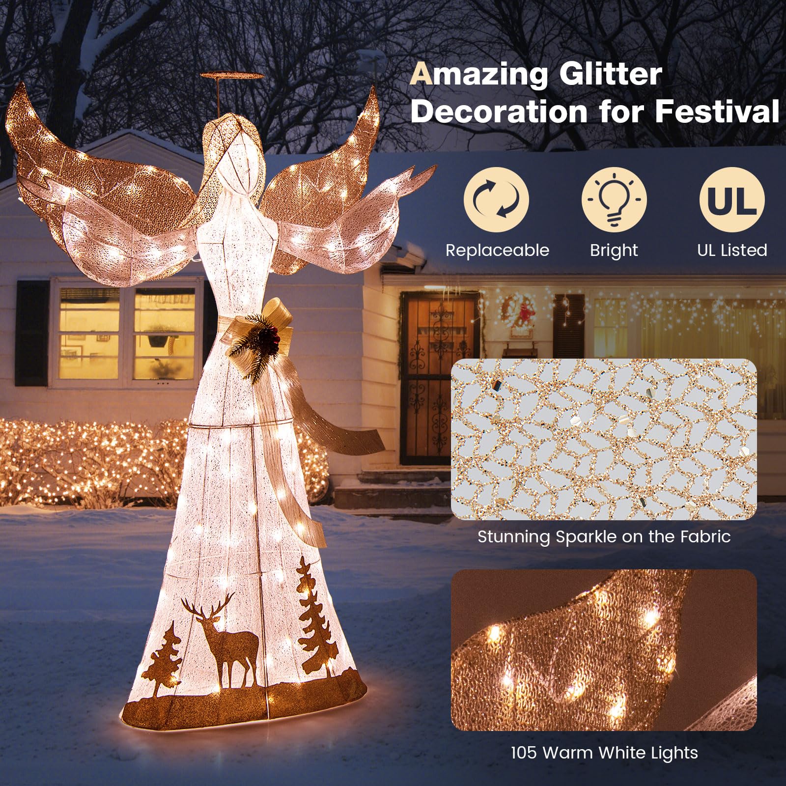 Tangkula 5 FT Lighted Christmas Angel, Outdoor Pre - lit 3D Glittered Angel with 100 Warm White Lights