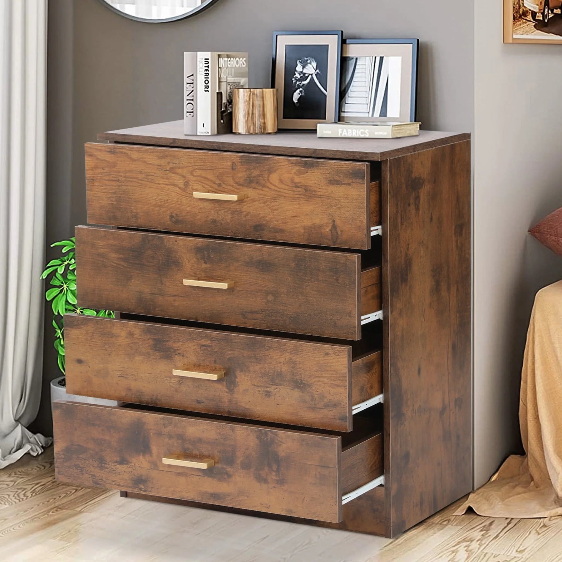 Segmart Black Chest of 4 Drawers, Wood Bedroom Furniture Chest Cabinet with Metal Handles for Kids Room