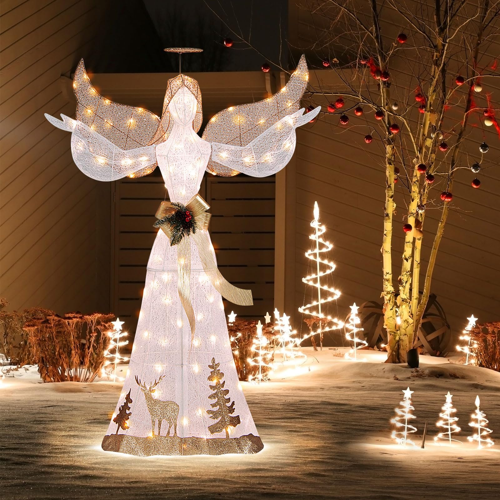 Tangkula 5 FT Lighted Christmas Angel, Outdoor Pre - lit 3D Glittered Angel with 100 Warm White Lights