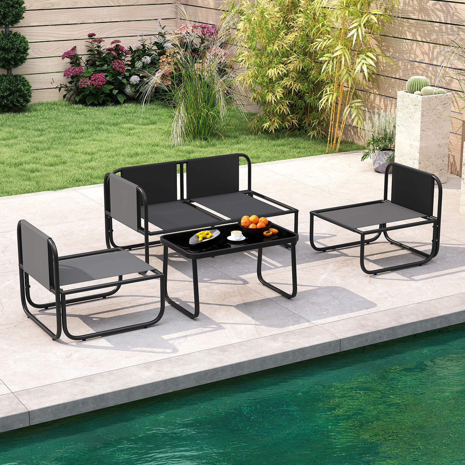 Tangkula 4 Pieces Patio Furniture Set with Cushions and Tempered Glass Coffee Table