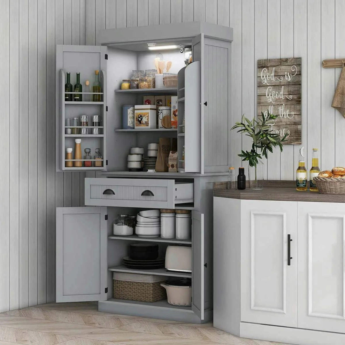 Spaco 17-Tier Kitchen Small Pantry Cabinet with 2 Doors and 6 Adjustable Shelves, Cabinet Pantry, Freestanding 5-Tier Shelving Pantries