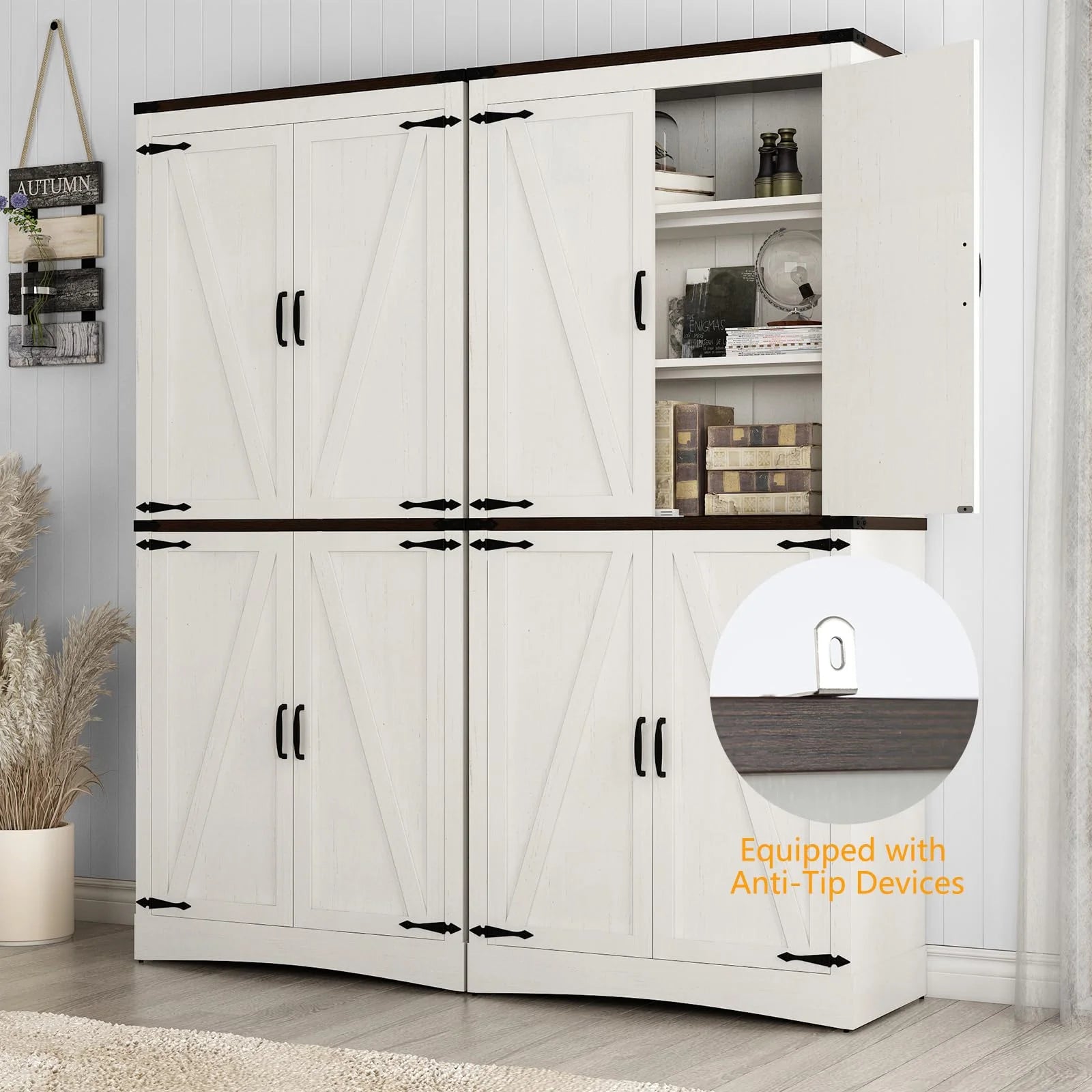 71" Tall Farmhouse Kitchen Pantry Cabinet, 5 Layers Storage Cabinet with Adjustable Shelves, Farmhouse Pantry Cabinet with 4 Barn Doors