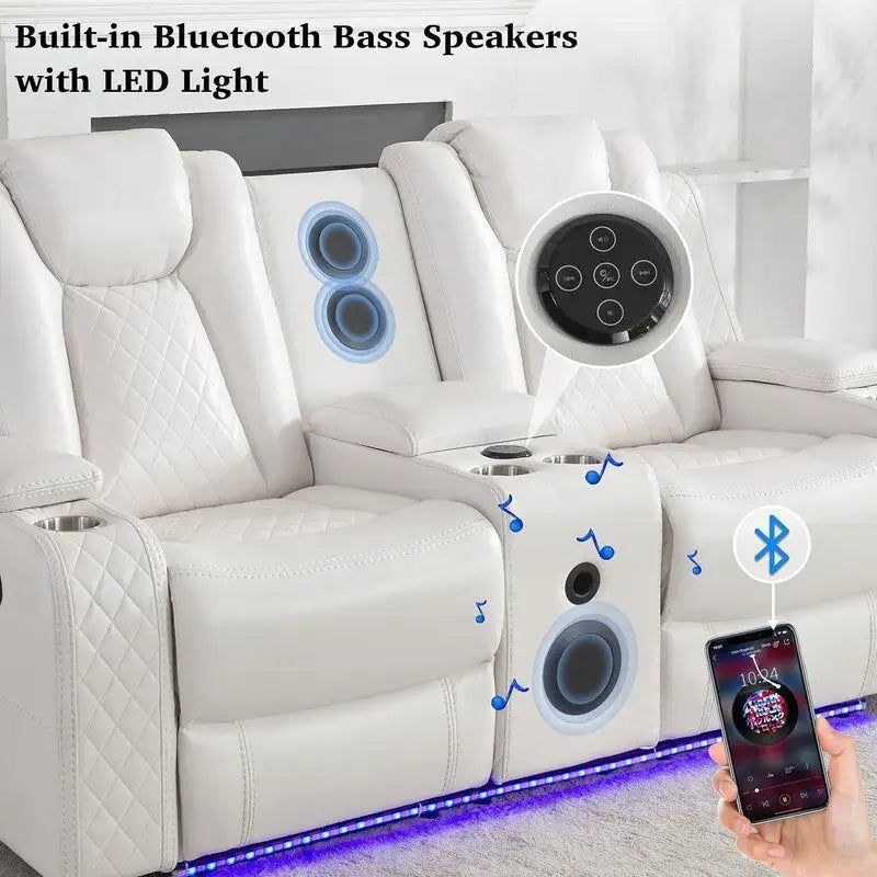 Black Power Reclining Sofa with Wireless Charger, Reading Light, Faux Leather, LED Lighting, AC/USB Ports, and Cup Holder for Living Room