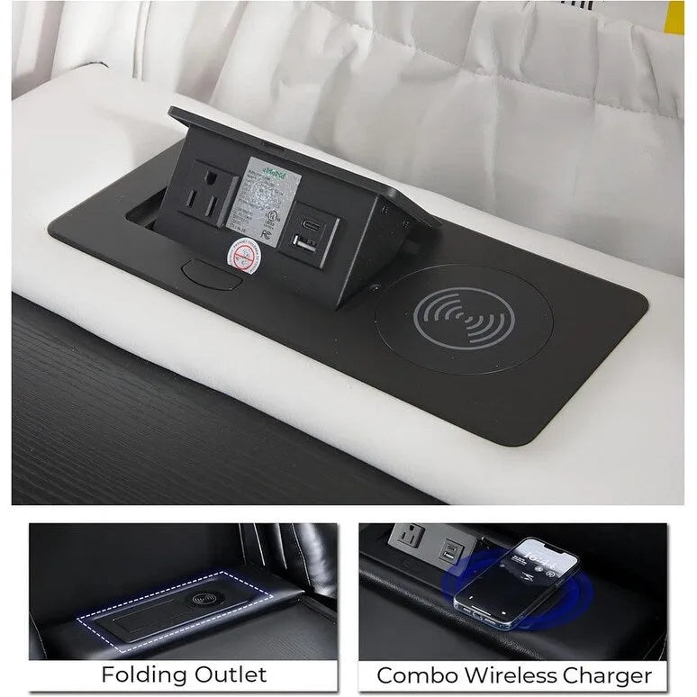 Black Power Reclining Sofa with Wireless Charger, Reading Light, Faux Leather, LED Lighting, AC/USB Ports, and Cup Holder for Living Room