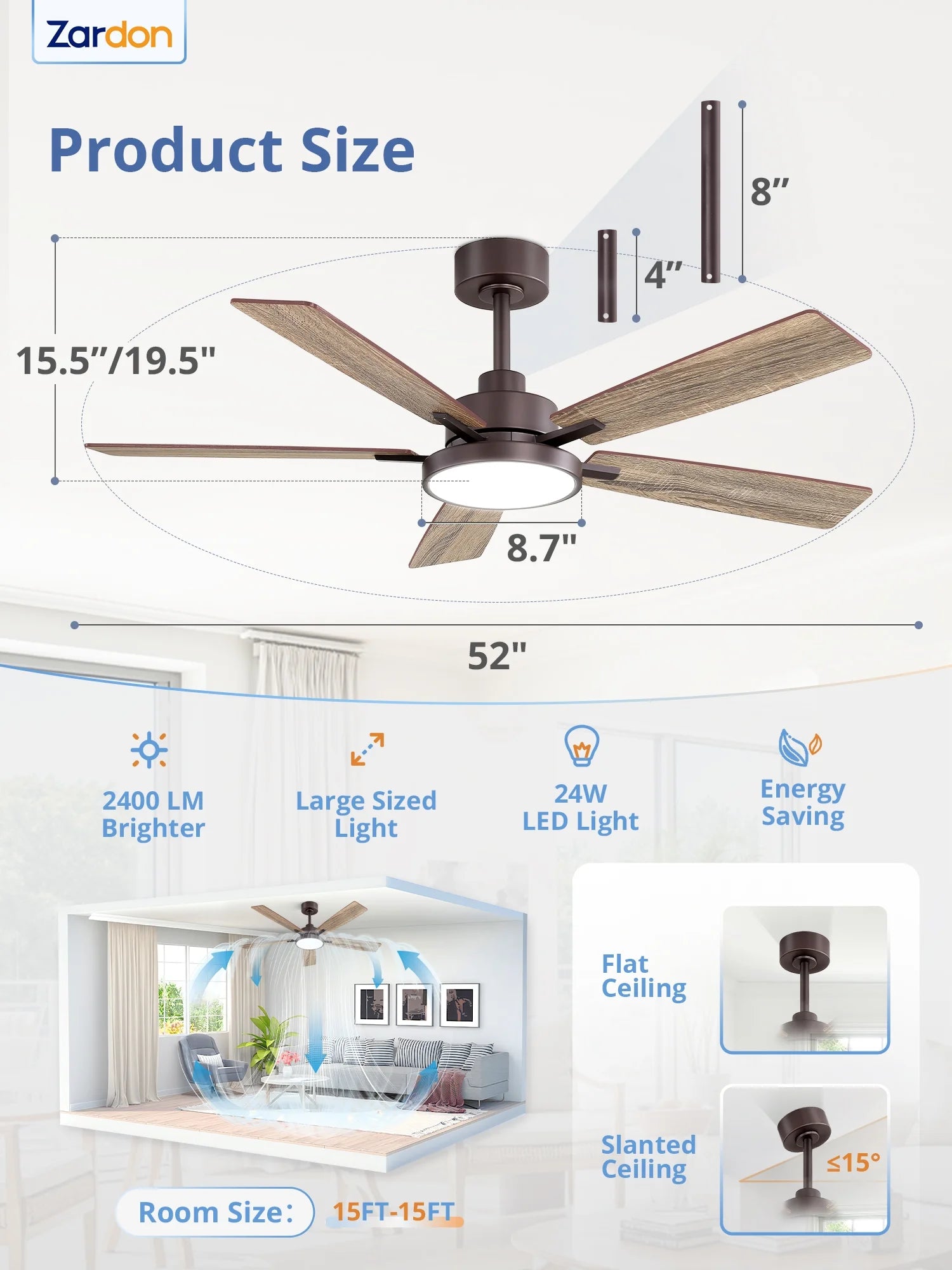 Zardon 52 in Black Ceiling Fan with LED Light and Remote, Downrod 6-Speed and Quiet Reversible DC Motor for Bedroom, Living Room, Indoor