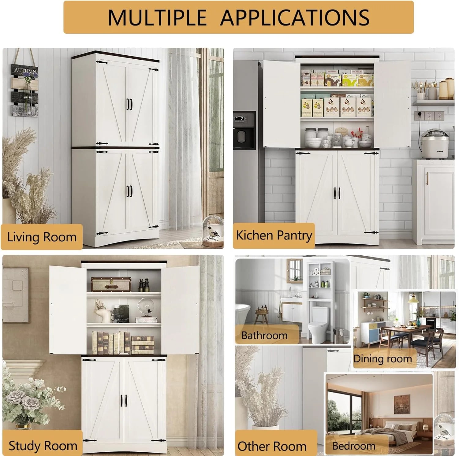 71" Tall Farmhouse Kitchen Pantry Cabinet, 5 Layers Storage Cabinet with Adjustable Shelves, Farmhouse Pantry Cabinet with 4 Barn Doors
