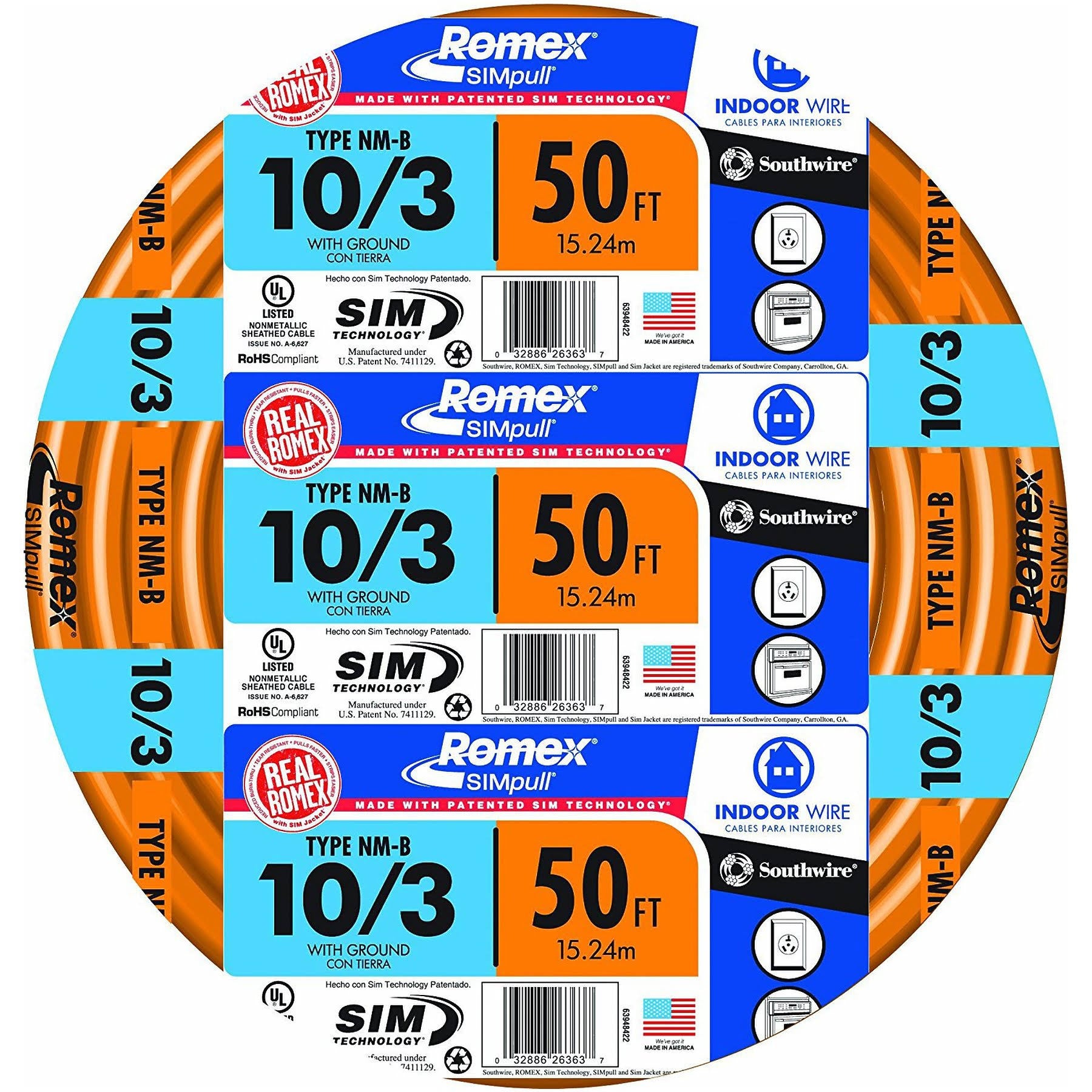 Southwire 10-3Nm-Wgx50 Nonmetallic Building Cable, Orange, 50'