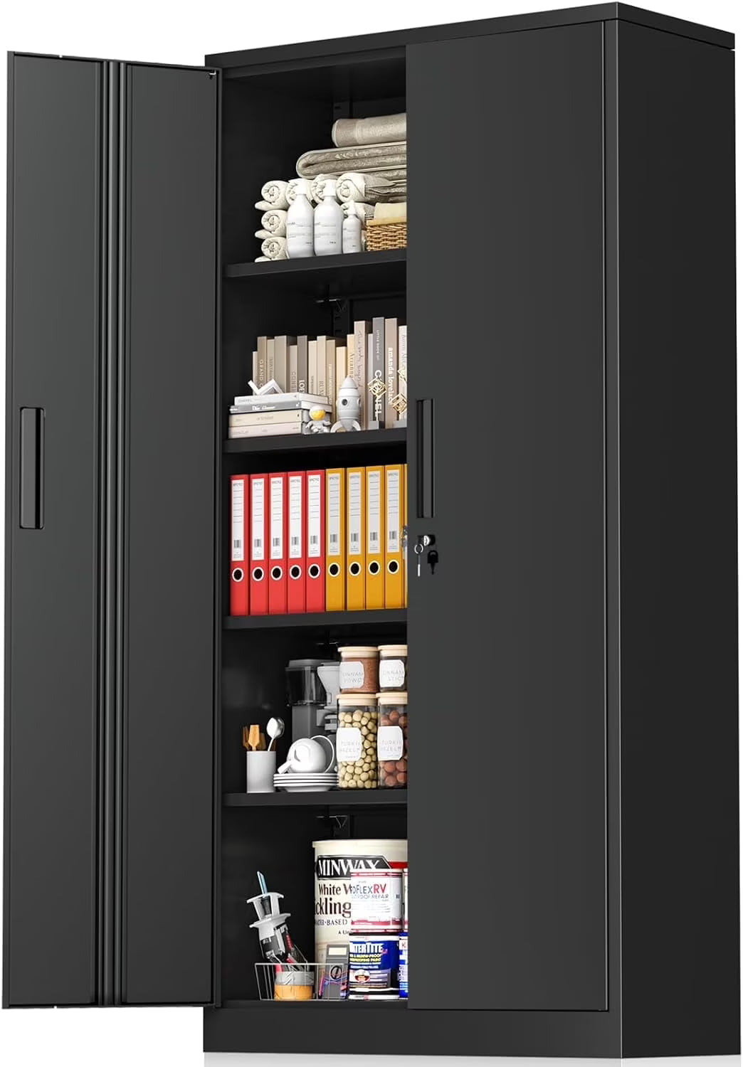 SOLAURA 71" Metal Garage Storage Cabinet with Locking Doors and Adjustable Shelves for Home, Office(Black)