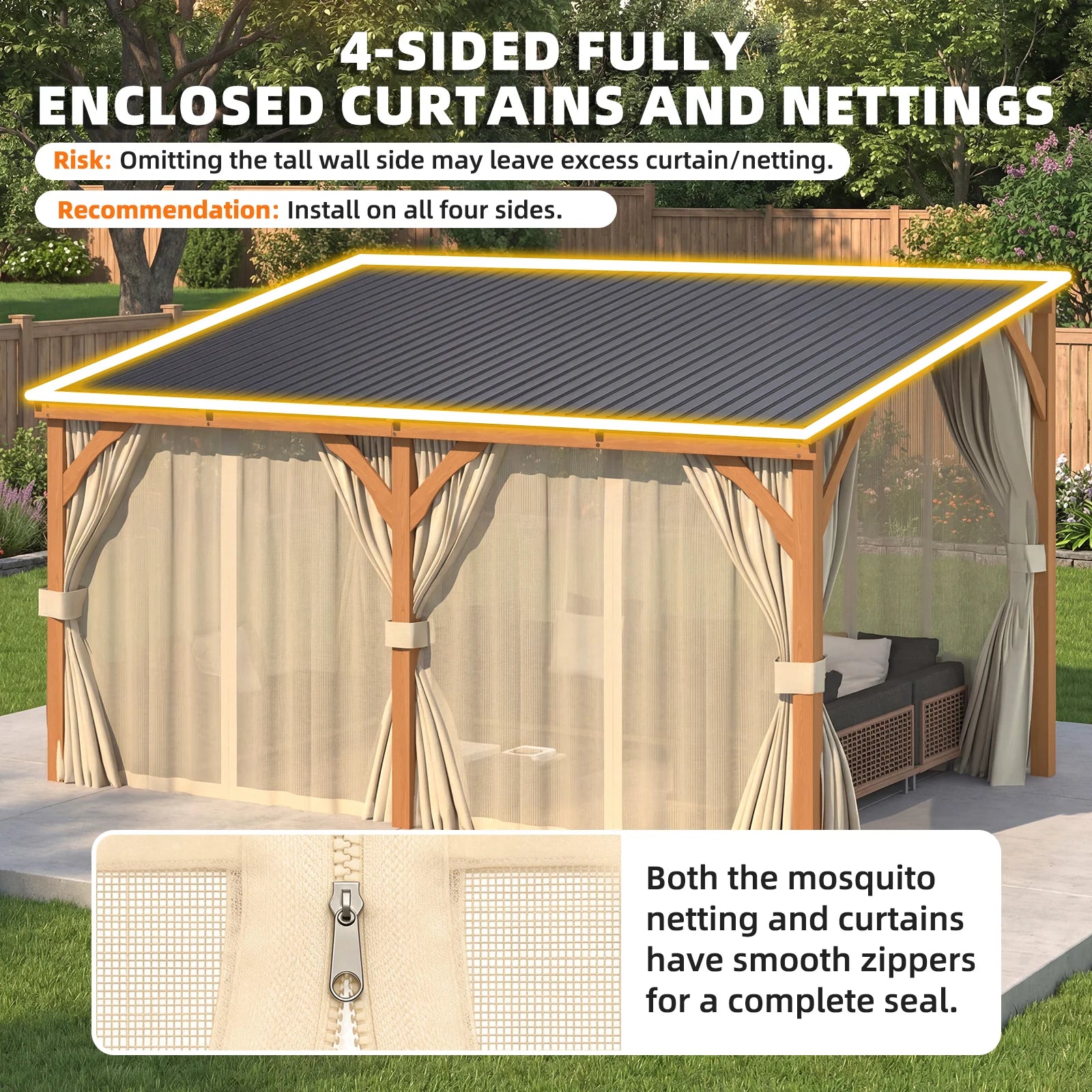 AECOJOY 14x10 Outdoor Wooden Pergola Gazebo with Curtains and Netting for Patio