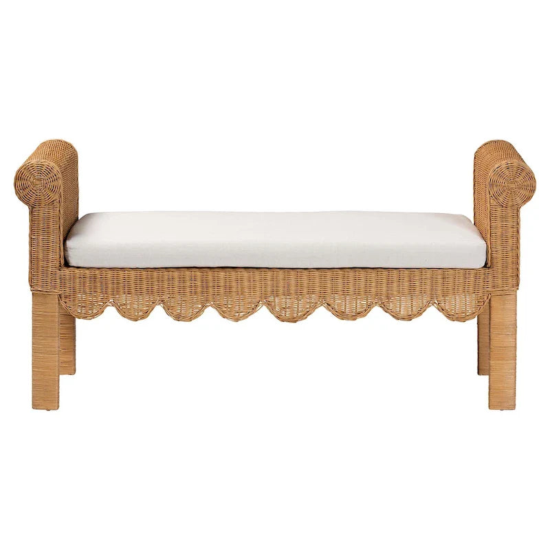 Reiko Handcrafted Natural Rattan Bench with Scalloped Design - Boho Farmhouse Seating for Entryway, Bedroom, or Living Room