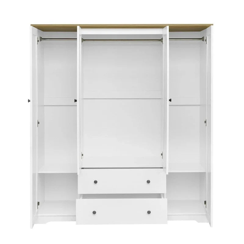 Freestanding 4 - Door Wardrobe Armoire with 2 Drawers and Hanging Rods for Clothes Storage