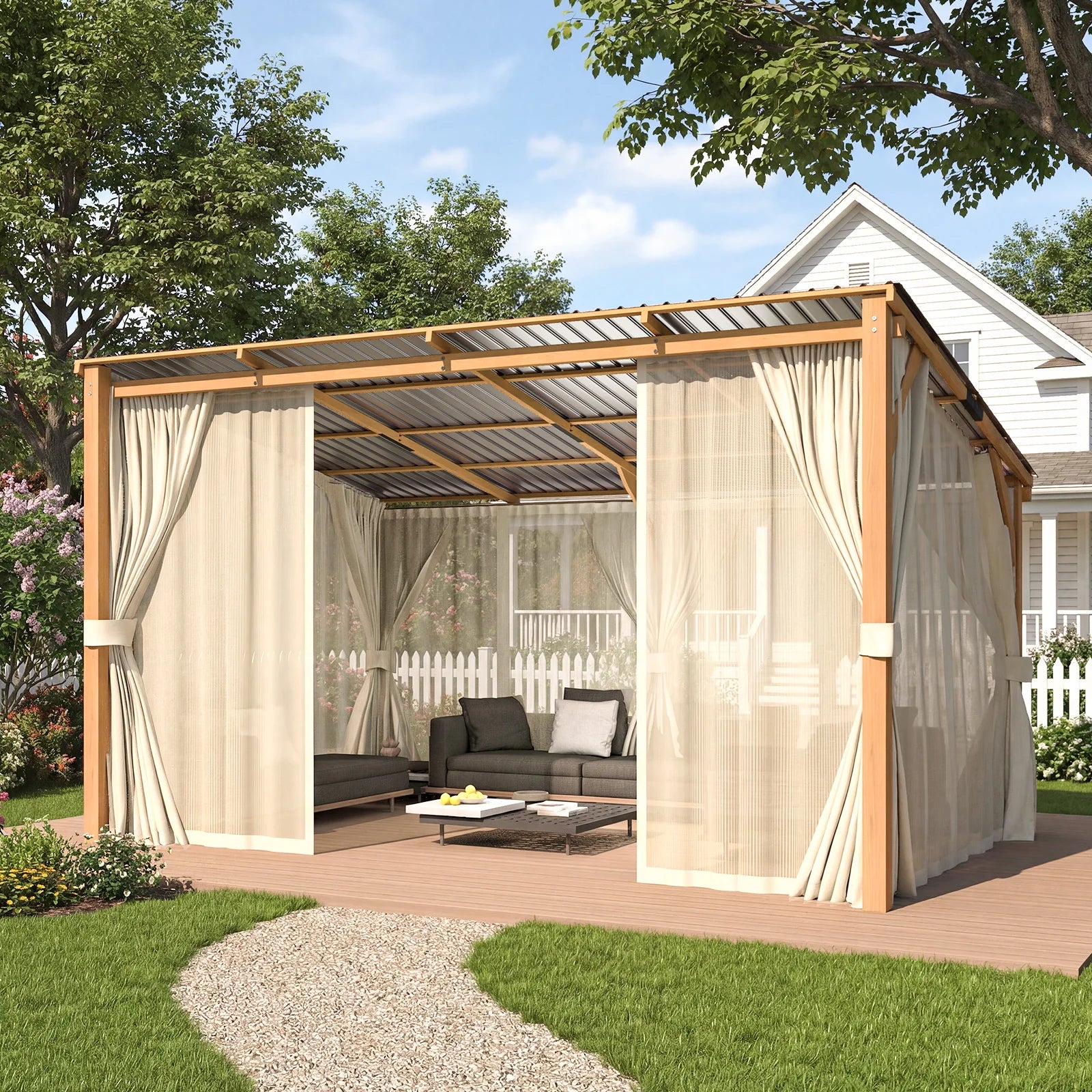AECOJOY 14x10 Outdoor Wooden Pergola Gazebo with Curtains and Netting for Patio