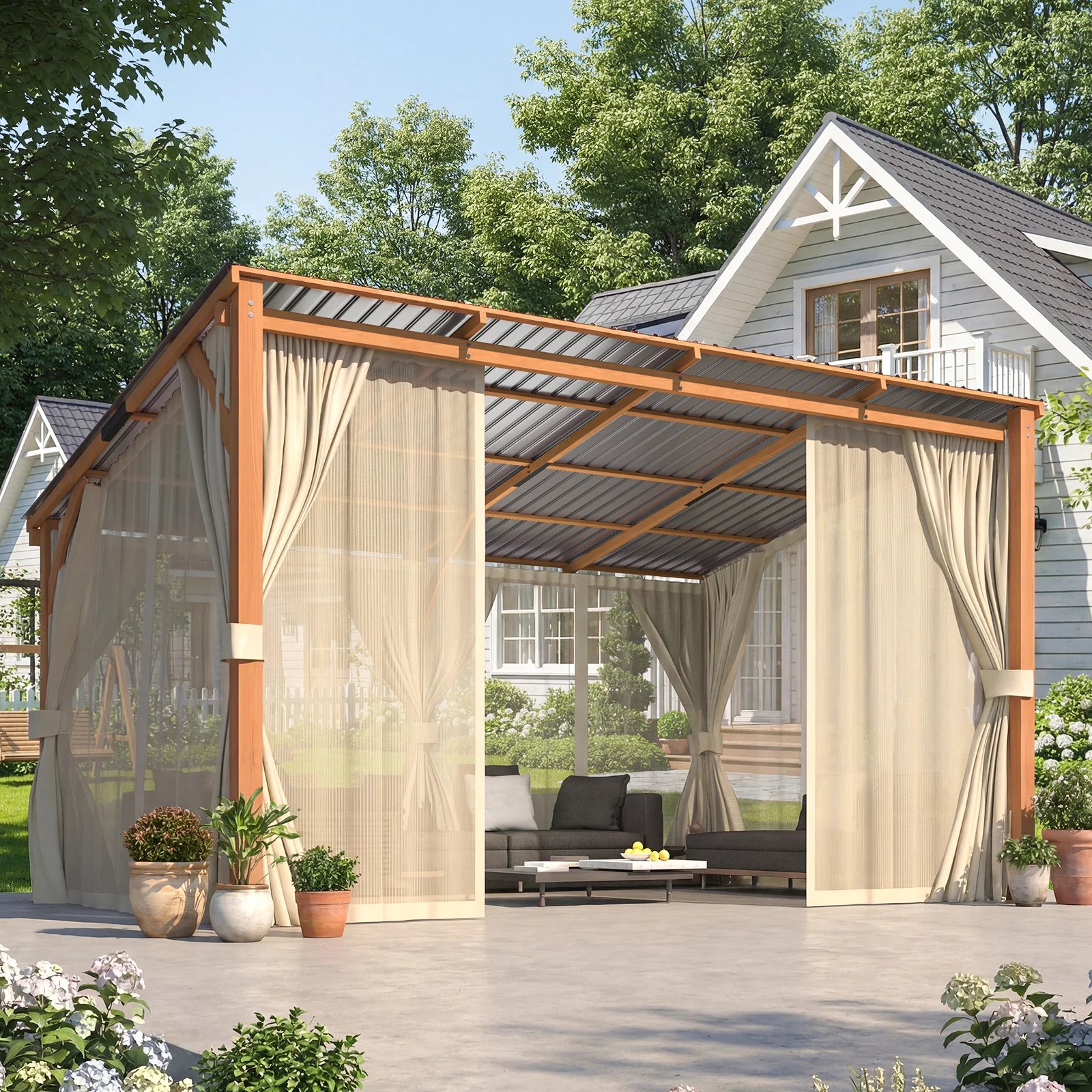 AECOJOY 14x10 Outdoor Wooden Pergola Gazebo with Curtains and Netting for Patio
