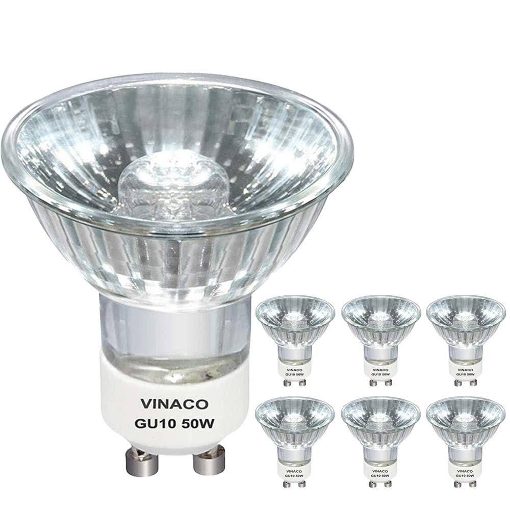 Vinaco GU10 Halogen 50W Bulbs 6pcs Gu10+c 120V 50W Halogen Light Bulbs GU10 Dimmable Warm White High Brightness MR16 GU10 with Glass Cover Long