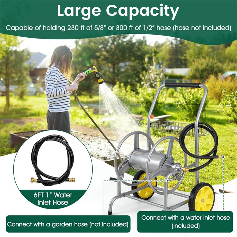 Garden Hose Reel Cart Holds 230FT of 5/8" Hose, Heavy - Duty Hose Cart with 2 Wheels & Storage Basket, Portable Water Hose Organizer for Yard
