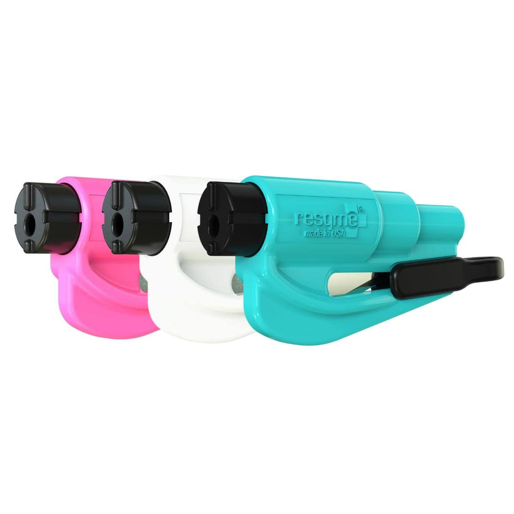 Resqme Family Pack of 3 The Original Emergency Keychain Car Escape Tool, 2-in-1 Seatbelt Cutter and Window Breaker, Made in USA, Pink, White, Teal -