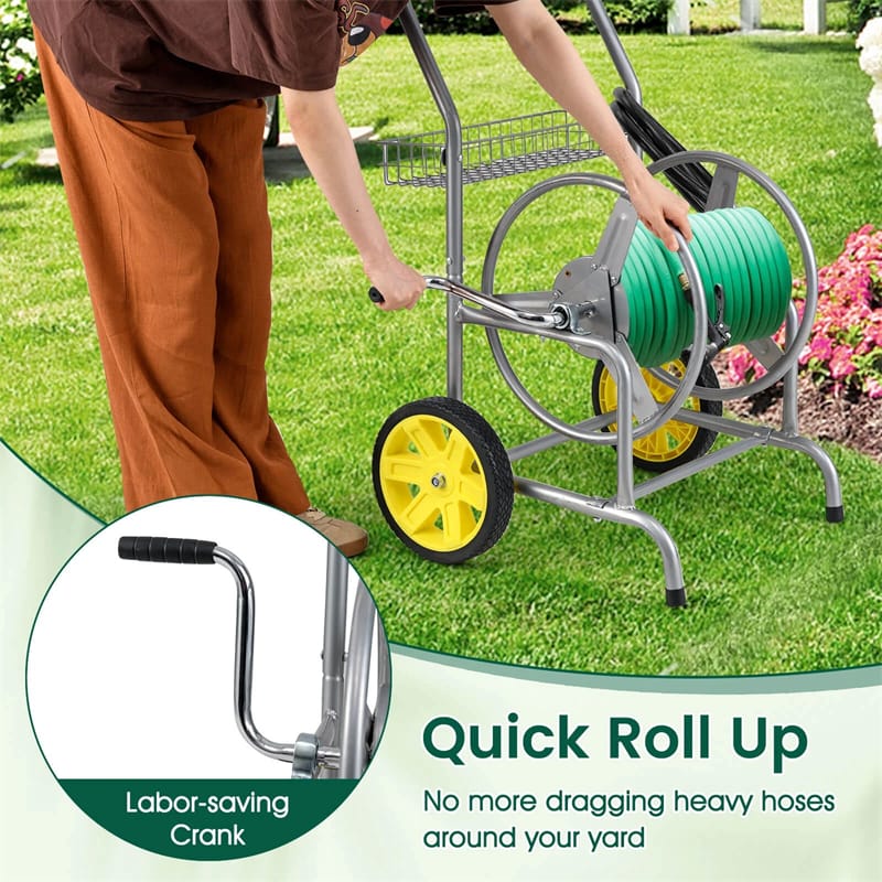 Garden Hose Reel Cart Holds 230FT of 5/8" Hose, Heavy - Duty Hose Cart with 2 Wheels & Storage Basket, Portable Water Hose Organizer for Yard