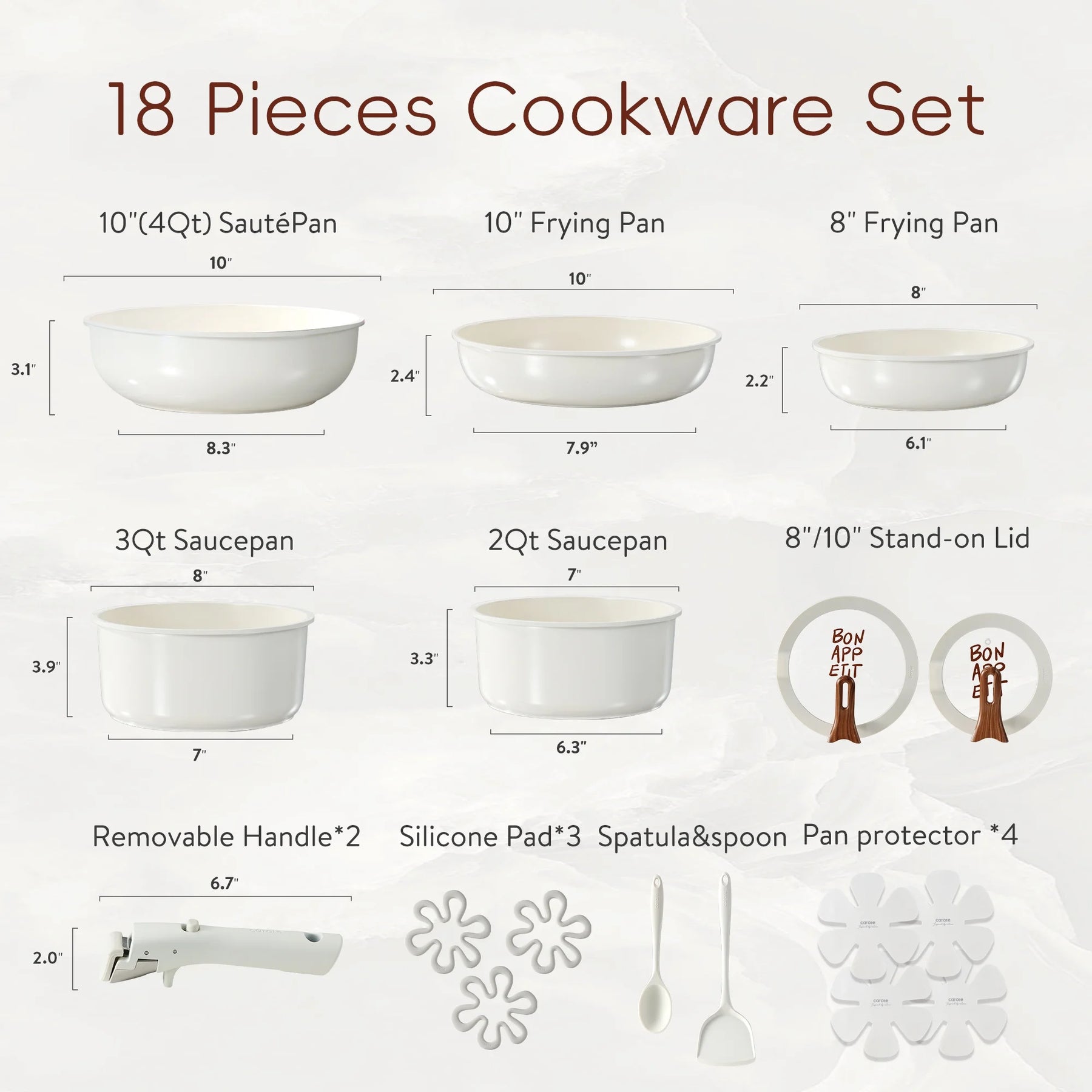 Carote 18 Pcs Ceramic Nonstick Cookware Set, Pots and Pans Set with Detachable Handles, Oven/Dishwasher Safe, Stackable Kitchen Cooking Set, White