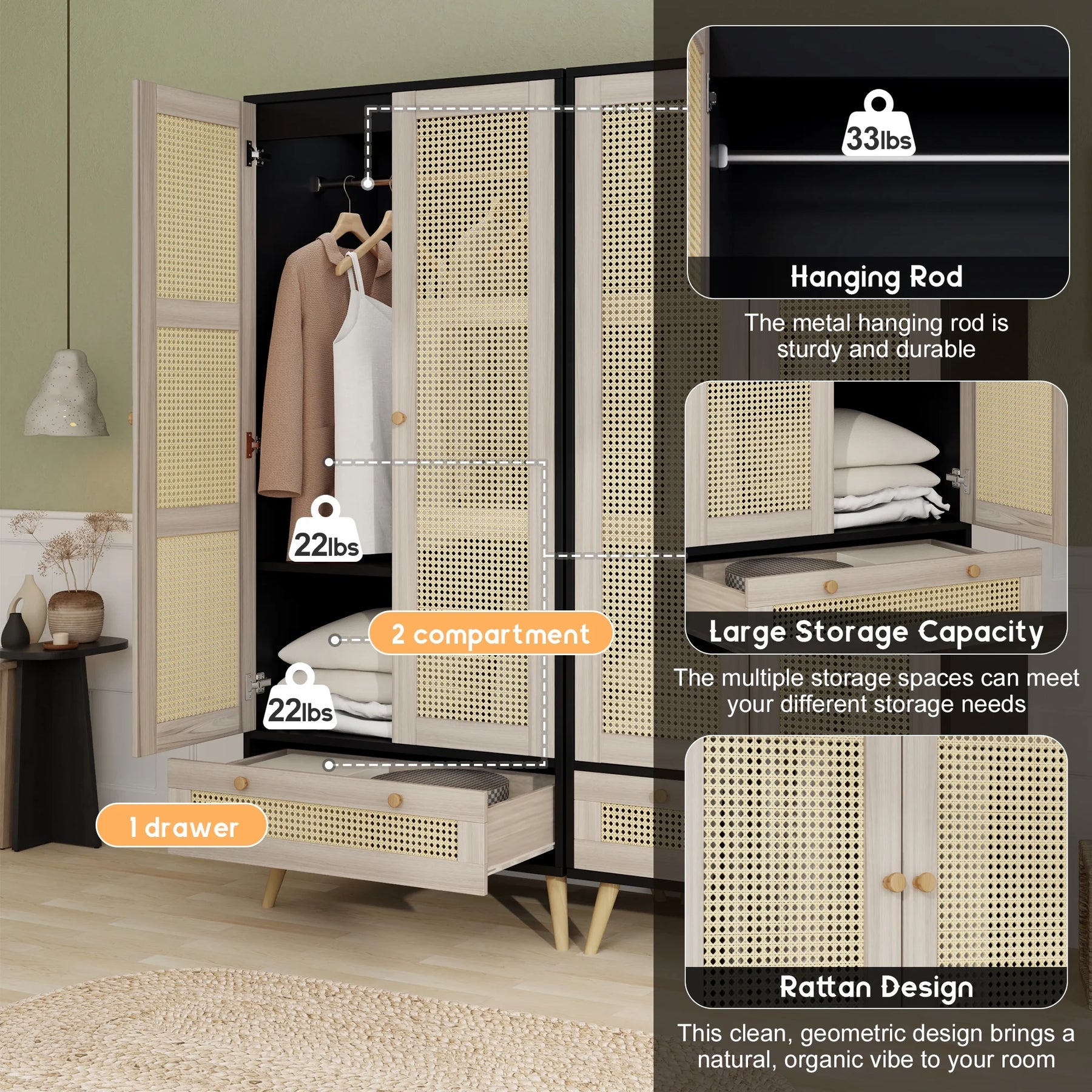 GOMYHOME Accent Cabinet with Rattan Doors & Drawer, Modern Storage Armoire for Living Room, Bedroom, Natural Wood Finish