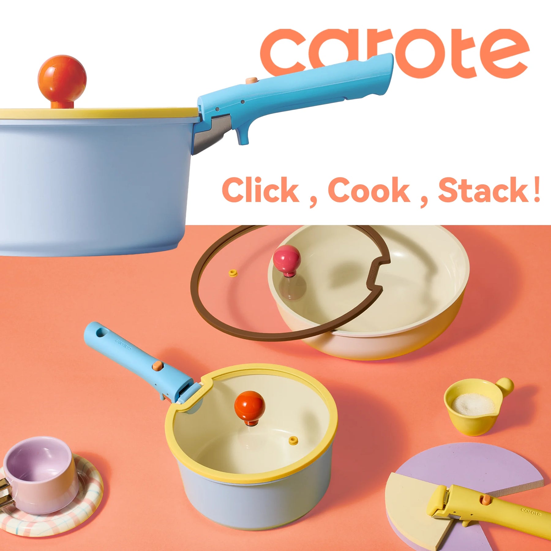 Carote 20 Pcs Ceramic Nonstick Cookware Set, Pots and Pans Set with Detachable Handles, Oven/Dishwasher Safe, Stackable Kitchen Cooking Set, Colorful
