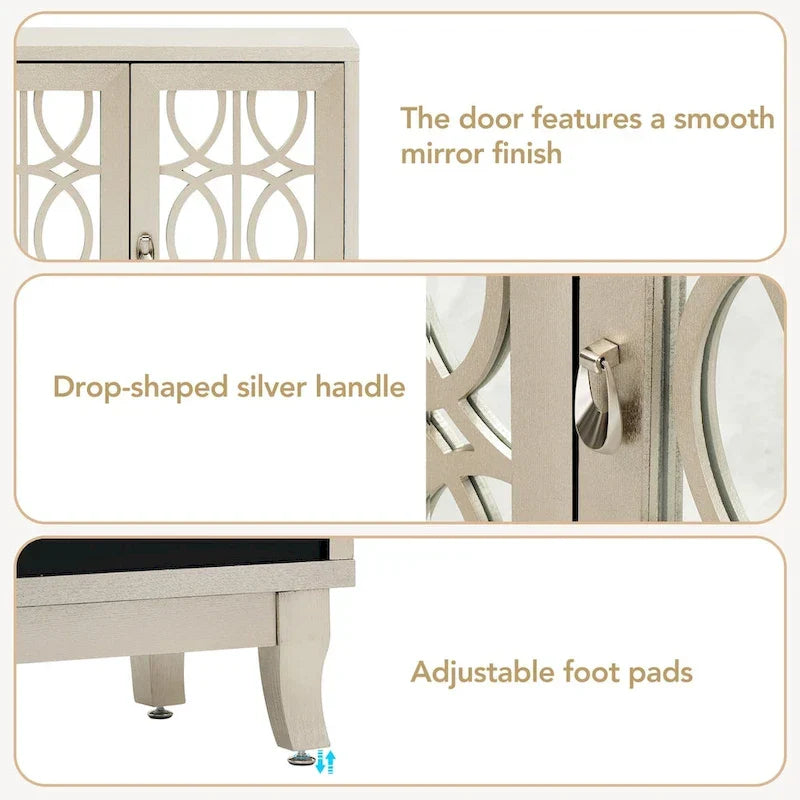Mirrored Buffet Cabinet with Glass Doors and Silver Handles - 3 - Door Sideboard for Living Room, Hallway, and Dining Room
