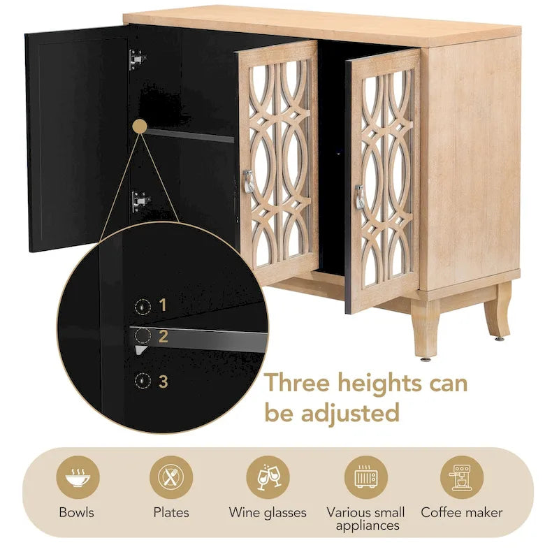 Mirrored Buffet Cabinet with Glass Doors and Silver Handles - 3 - Door Sideboard for Living Room, Hallway, and Dining Room
