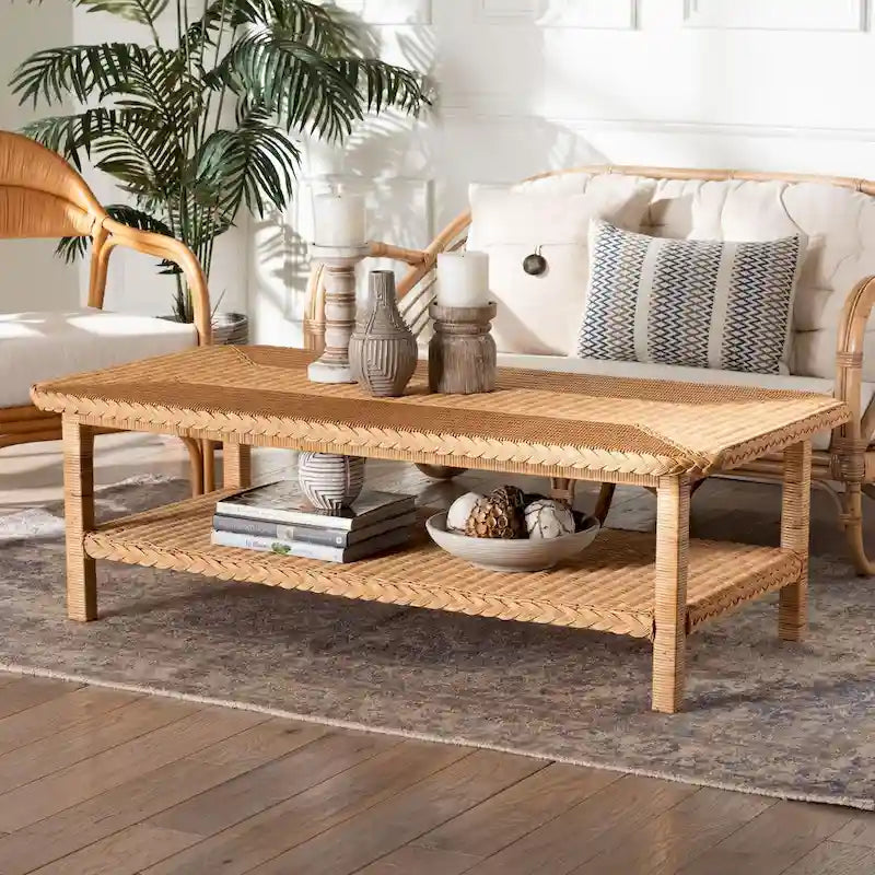 Minahasa Bohemian Braided Rattan Coffee Table in Light Honey