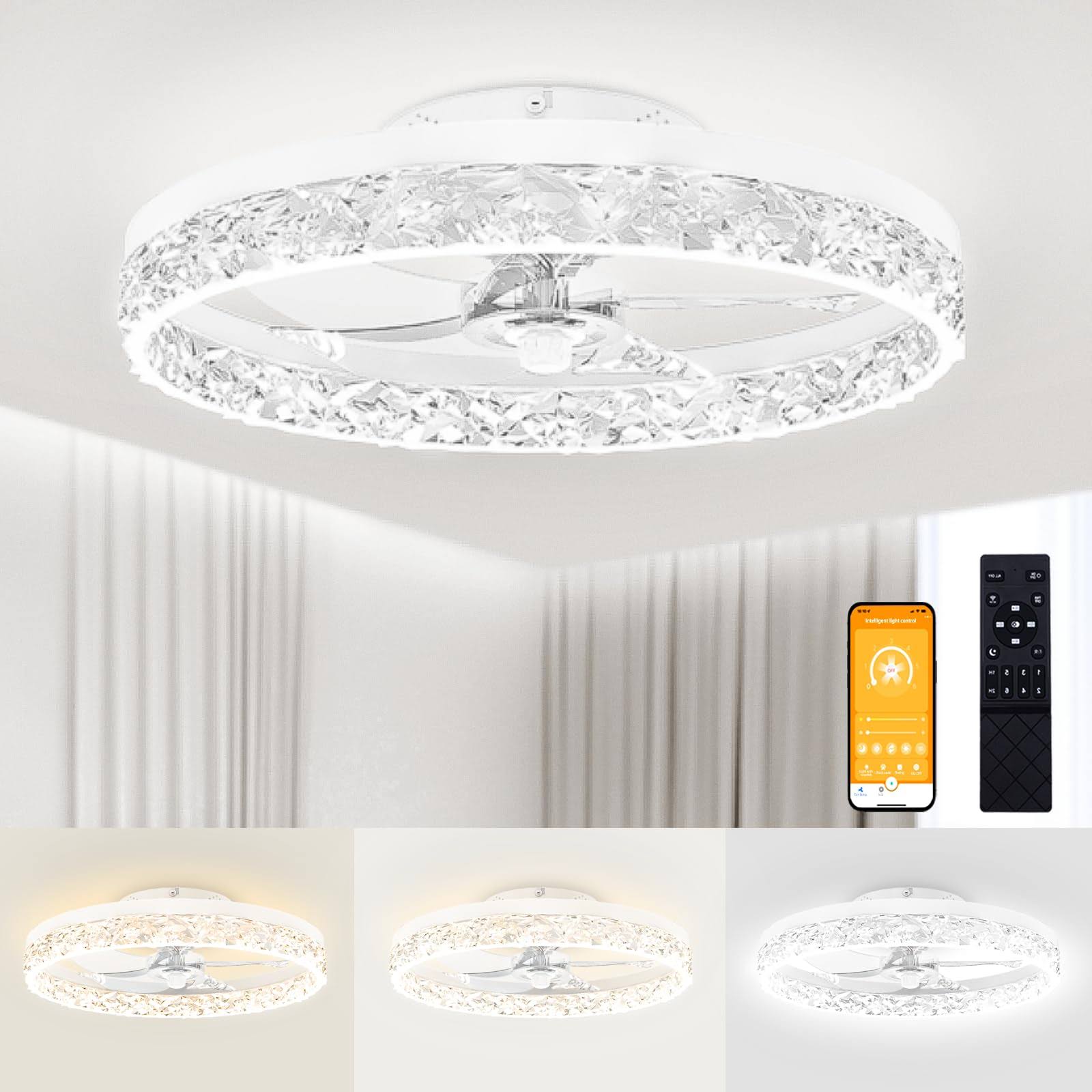 VOLISUN Modern Ceiling Fans with Lights and Remote, 19.7in Low Profile Ceiling Fan Flush Mount, 3000K - 6500K Dimmable Bladeless LED Fan Light, White