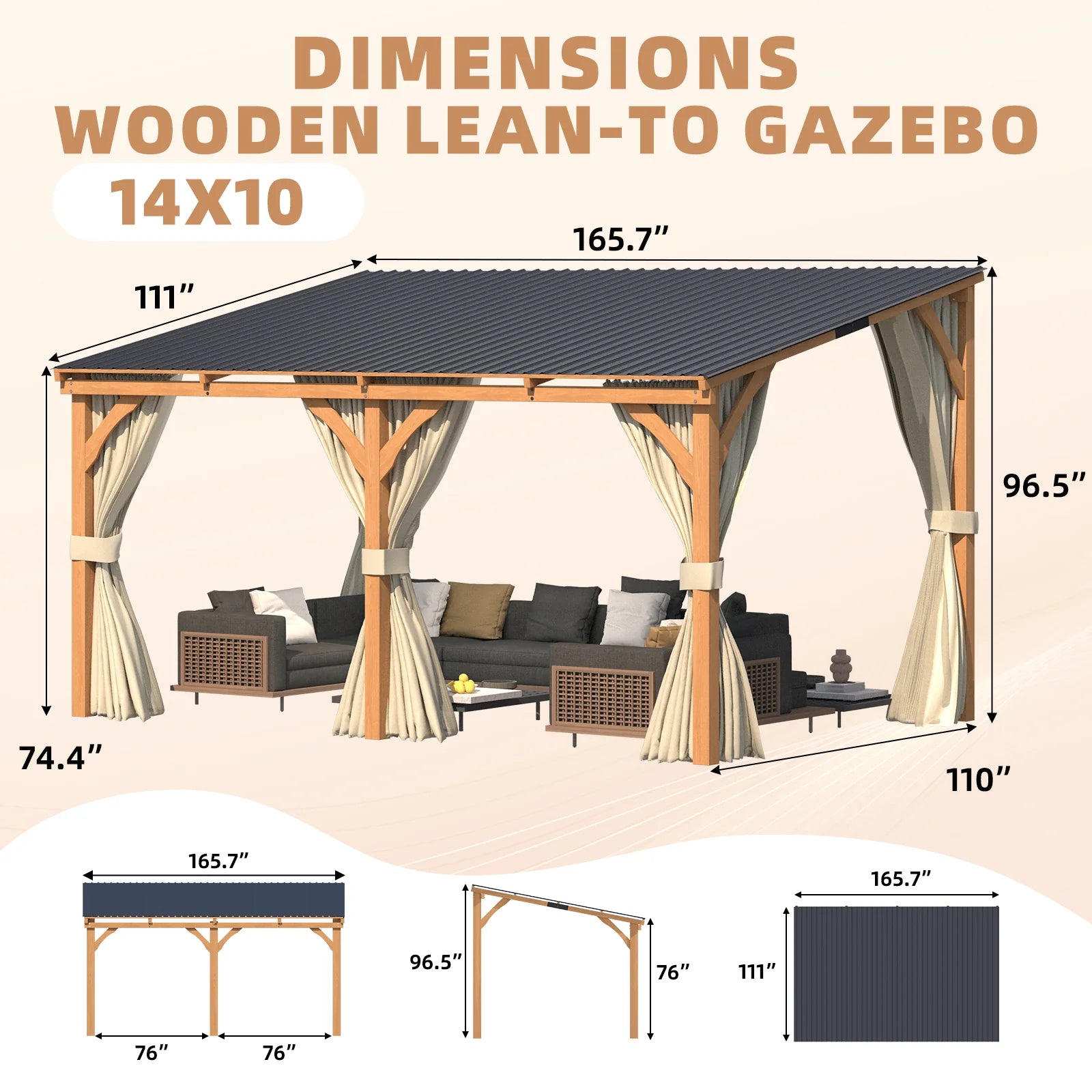 AECOJOY 14x10 Outdoor Wooden Pergola Gazebo with Curtains and Netting for Patio