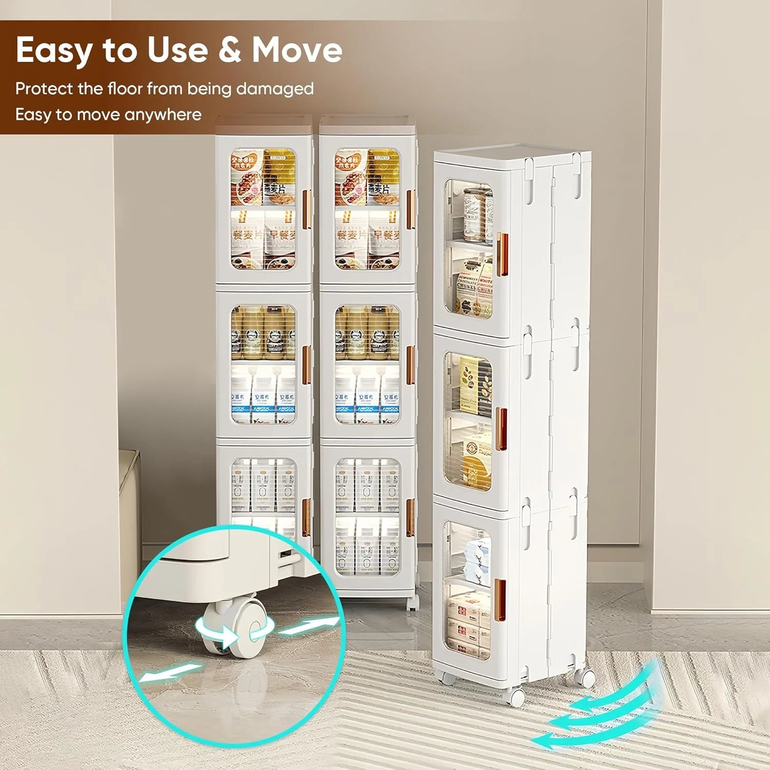 Slim Kitchen Pantry Storage Cabinet with Doors and Shelves, 3 - Tiers Plastic Narrow Storage Organizer Collapsible