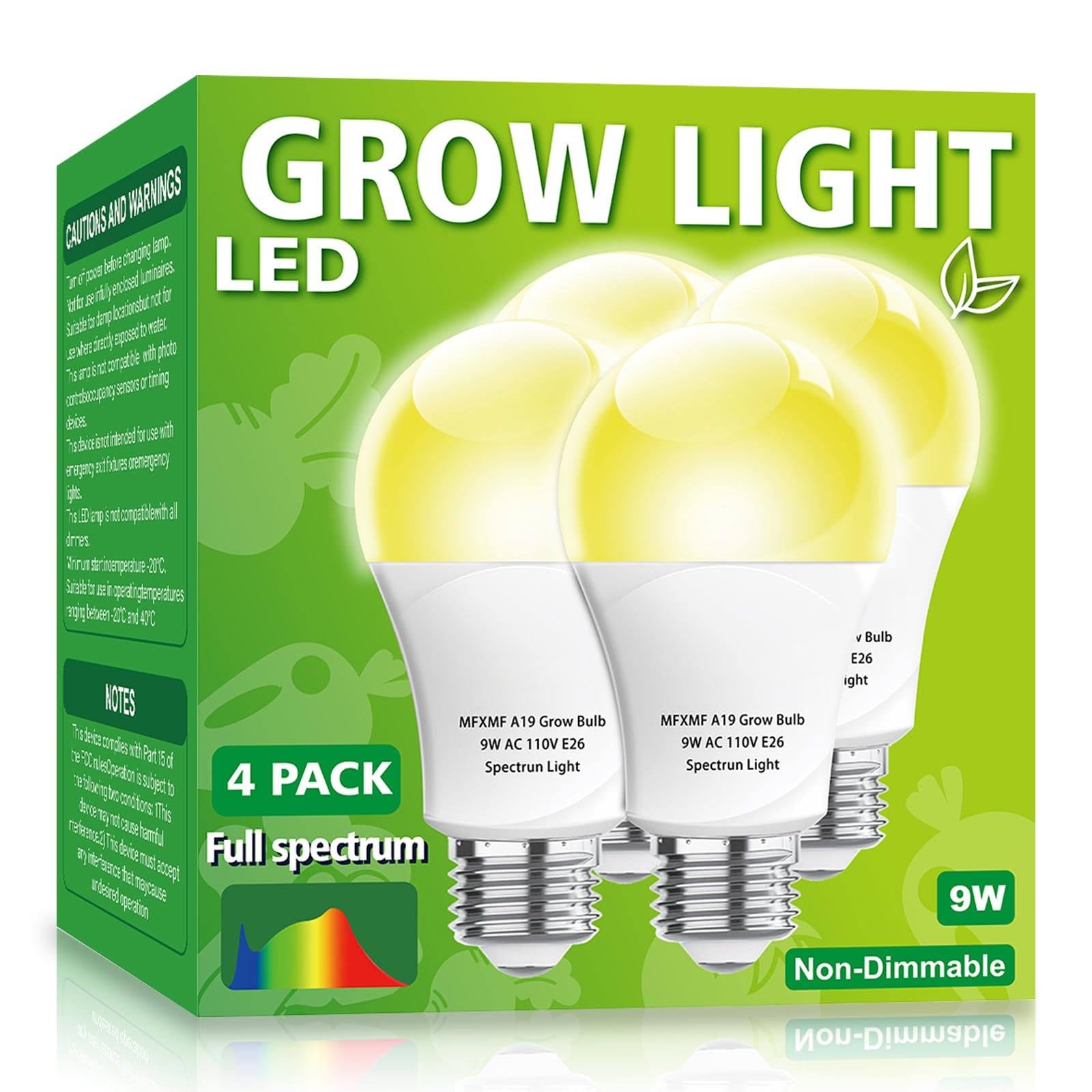 mfxmf 4 Pack LED Grow Light Bulb A19 Bulb Full Spectrum Plant Light Bulb 9W E26 Grow Bulb Replace Up to 100W Grow Light for Indoor Plants Flowers