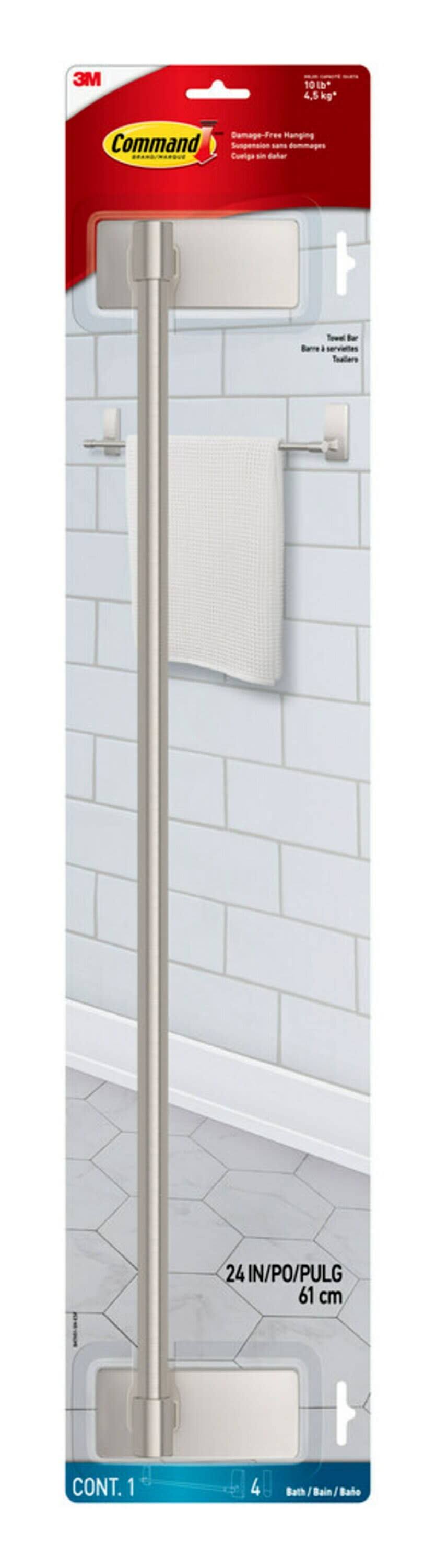 Command Bath Satin Nickel Towel Bar, 4 Large Strips