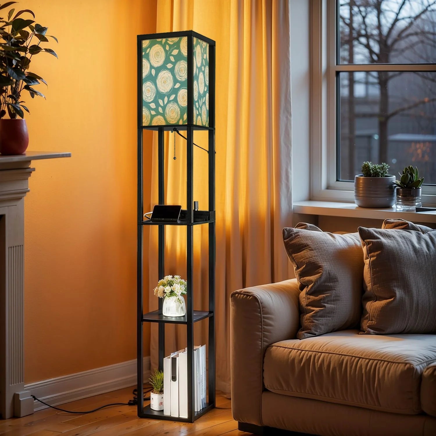 Floor Lamp with Shelves, Modern Dimmable Standing Lamp Floral Corner Display Bookshelf Lamp with 2 USB & 1 Power Outlet for Living Room & Bedroom